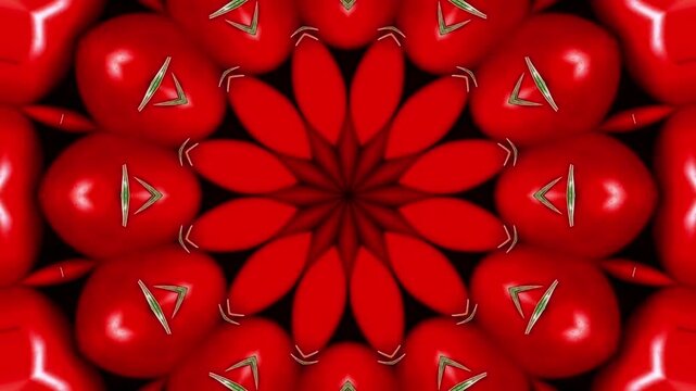 Abstract kaleidoscope motion video created from fresh red tomatoes with green stems forming an organic symmetrical fruit pattern background design