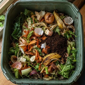 Compost bin with vegetable scraps home composting closeup
