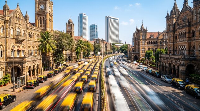 Busy Urban Traffic and Historic Architecture in Mumbai India