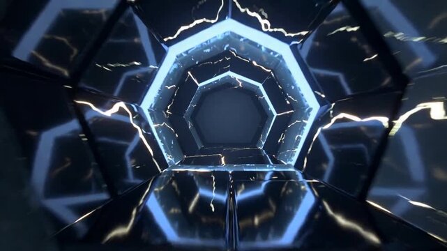 Moving center hexagon tunnel to show depth by camera push through ringed corridor with orange flare