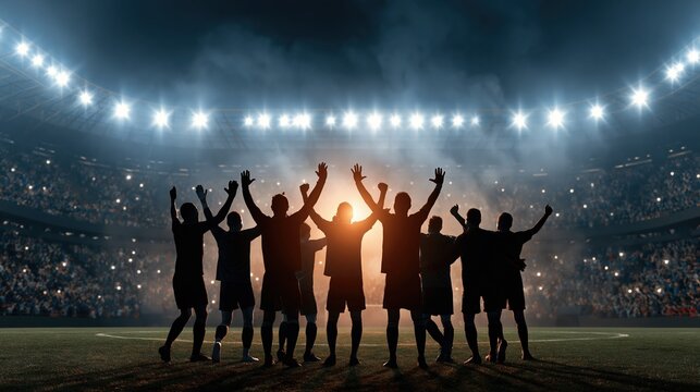 Silhouette of a triumphant soccer team celebrating victory on a brightly lit stadium field with cheering crowd