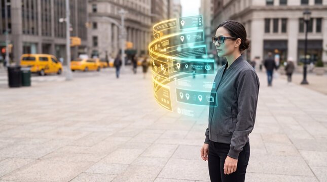 Woman Using Smart Glasses with Augmented Reality Holographic Display