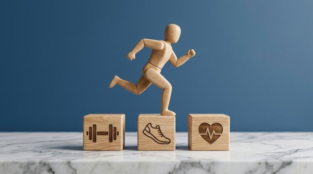 Wooden mannequin running over blocks with fitness and health related icons on marble surface