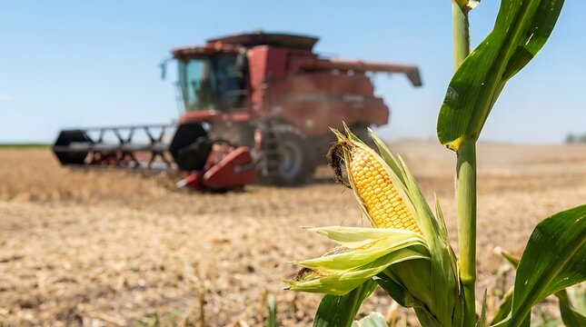 Ripe corn ear with combine harvester in field maize