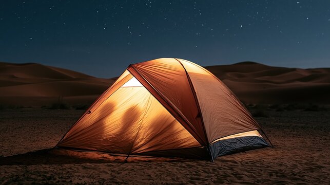 Glowing Desert Tent Under Starry Night Sky, Evoking Adventure and Solitude