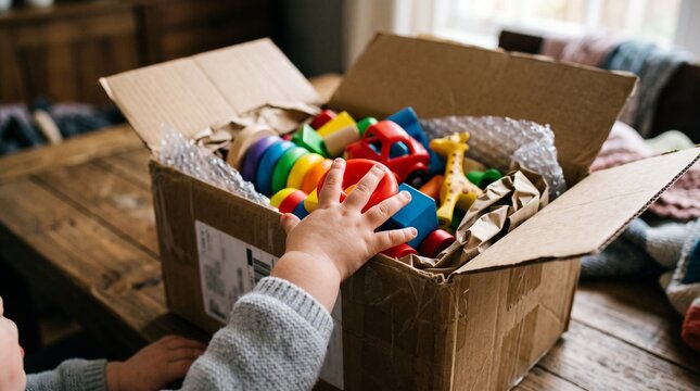 Curious baby hand reaching into an open cardboard box filled with colorful wooden toys and bubble wrap