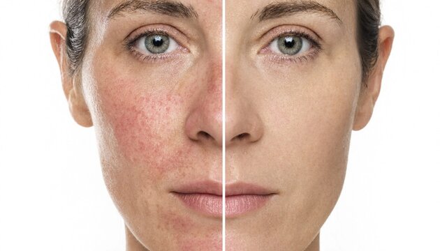Split face view of a woman showing rosacea skin condition and healthy skin texture
