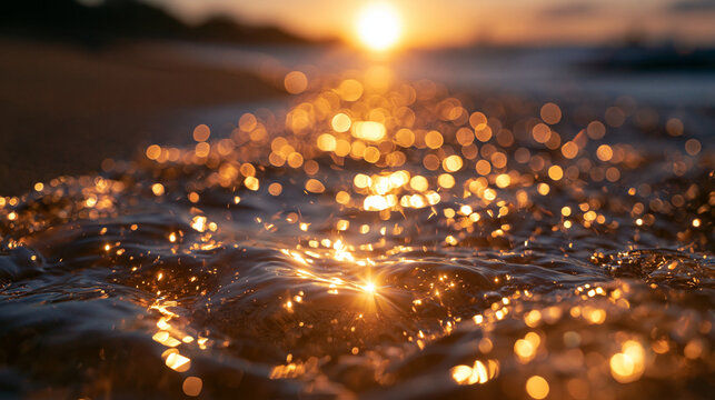 Sparkling Ocean Water with Golden Bokeh at Sunset