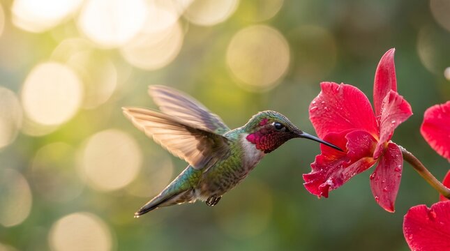 Hummingbird Hovering and Feeding on Red Flower in Sunlight