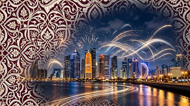 Doha skyline nightscape celebration glowing fireworks light trails framed by traditional ornate decorative arabesque pattern with skyline night illuminated