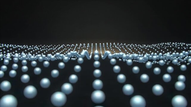 Lowering camera, luminous spheres sending waves across dark floor, forming arch loops to horizon
