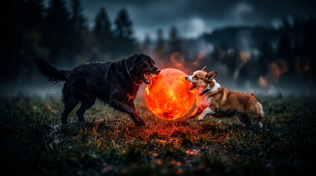 Cinematic photo of two dogs showcasing glowing fiery orb, intense competitive play and magical night atmosphere, concept for epic pet fantasy and dynamic energy battle