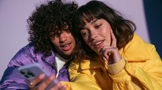 Young Friends Smiling While Looking at Smartphone Together