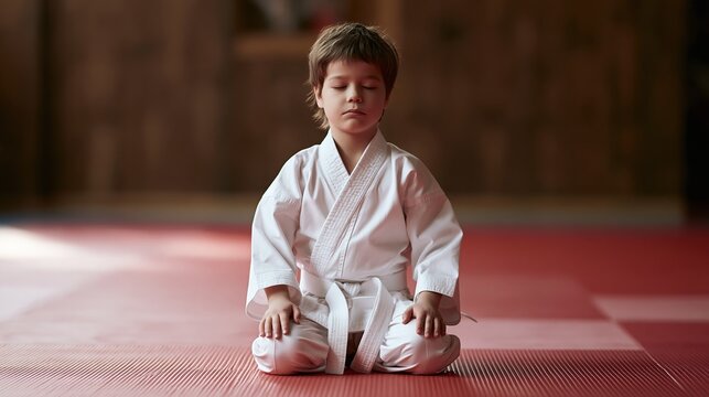 Young boy in a white karate uniform meditating peacefully on a red mat in a dojo