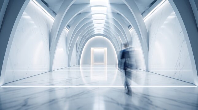 Modern Futuristic Corridor with Blurred Motion Person Walking