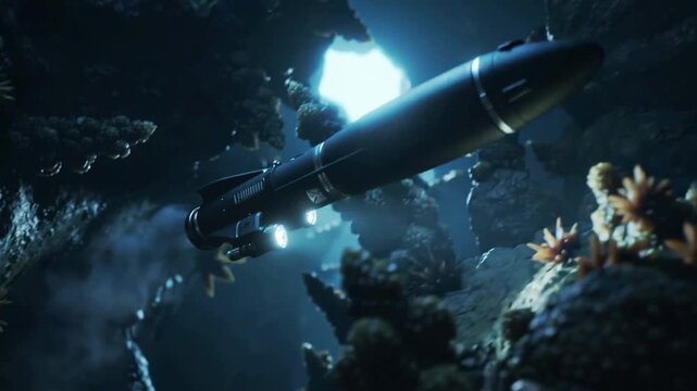 Activating underside beam, torpedo submersible navigating narrow cavern, mapping coral passage