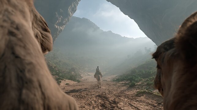 Lone traveler on camelback journeys through a majestic desert canyon framed by camel heads