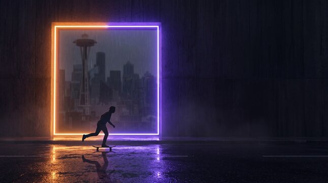Skater Riding Past Glowing Neon Portal with Seattle Skyline