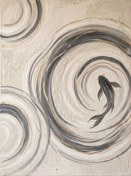 Abstract black and gold marble swirl ripple with koi fish illustration