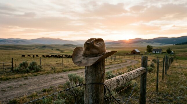Brown felt cowboy hat resting on a wooden fence post at sunset