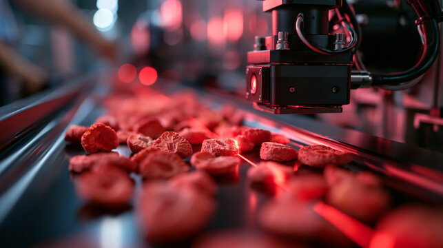 Optical Sorting Machine Inspecting Food on Factory Conveyor Belt