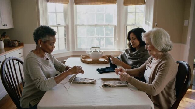 Knitting three women handling needles and yarn at kitchen table by bay window, sharing tea