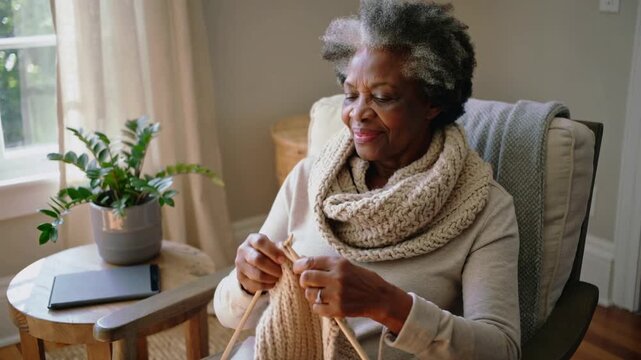 Knitting woman in chunky scarf continuing project at home to extend scarf by window with needles