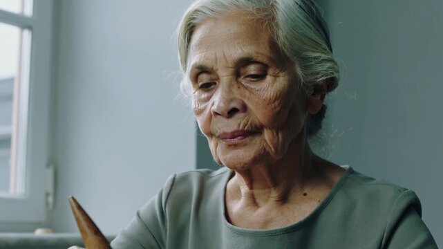 Knitting senior woman starting after camera close-up, knitting at table by window with needles