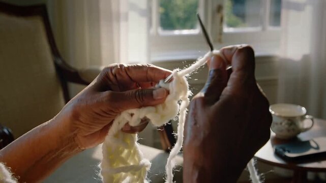 Knitting hands in sunlight, wearing pink sleeve and cream scarf pulling needle through chunky yarn