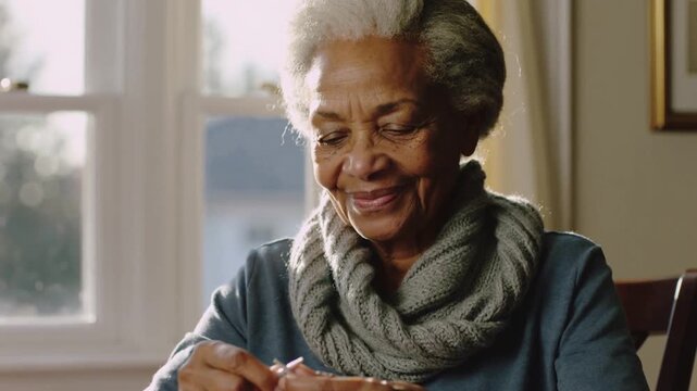 Pulling back, camera revealing senior knitting gray yarn needles at home table, gray scarf relaxing