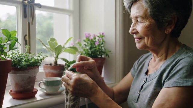 Pulling camera back, senior Asian woman knitting at sill, looping thick yarn on needles for calm