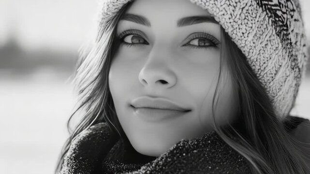 Beautiful young woman with elegant style looking away from camera, wearing a cozy scarf and beanie for warmth.