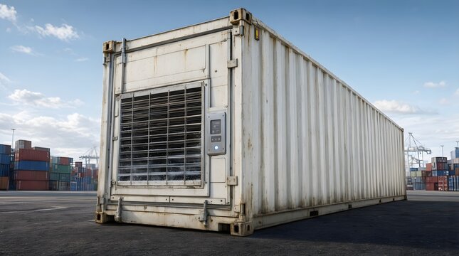 Operating reefer container showing condensation in commercial shipping yard