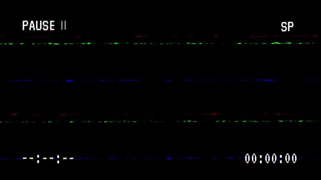 Retro analog vhs pause screen with grainy static noise. VHS video tape pause screen on black background. 4K Video. Pause vhs effect shows distorted black video screen with glitch static.