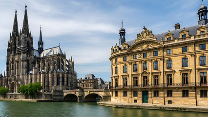 Fototapeta premium Historic Gothic Cathedral and Grand Classic European Architecture Along a Scenic Riverbank Setting