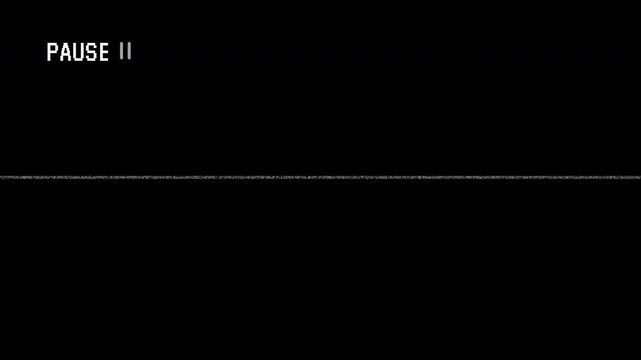Pause vhs grainy black screen with white text overlay. Vintage vhs pause screen overlay with analog distortion grain