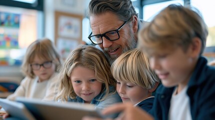 Fototapeta premium Engaged elementary school teacher guiding young students using a tablet in a bright, modern classroom environment