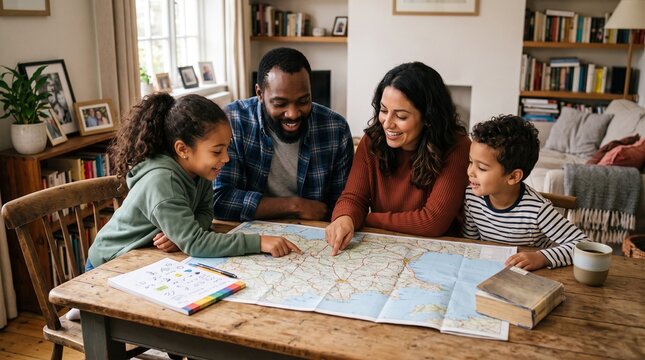 Diverse family planning a trip together by looking at a large map spread on a wooden table