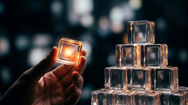 Hand holding glowing orange cube over glass block pyramid