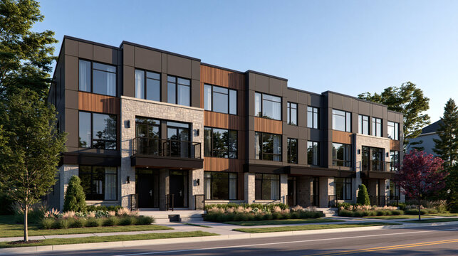 Modern Townhouse Facade: A contemporary townhouse complex showcases a sleek, modern design with a mix of stone, wood, and metal accents, exuding urban sophistication.