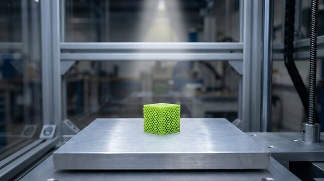 Green lattice cube on metallic platform structure 3d printing