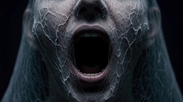 Closeup of a persons face covered in a weblike pattern