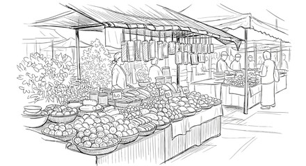 Fototapeta premium Sketch of a vibrant street market with fresh produce and vendors