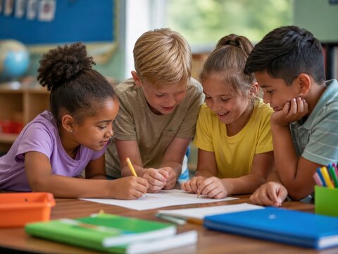 Diverse Group of Elementary Students Working Together on a Creative School Project in a Bright Classroom for Education and Learning Concepts