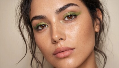 Fototapeta premium Closeup portrait of a beautiful young woman with green eyeshadow and natural skin texture