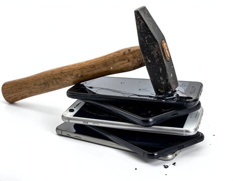 A hammer smashes a stack of smartphones, shattering screens. White backdrop