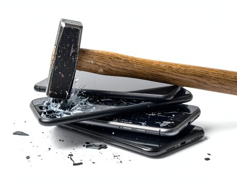 Hammer smashing stack of mobile devices, shattering glass and components