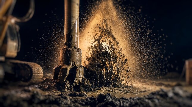 Industrial drilling rig machine showcasing heavy earth excavation, mud splash and deep borehole drilling, concept for foundation engineering and groundwater extraction