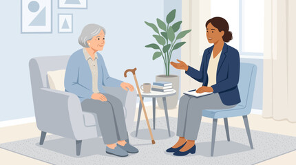 Obraz premium Elderly woman talking to a therapist in a cozy living room