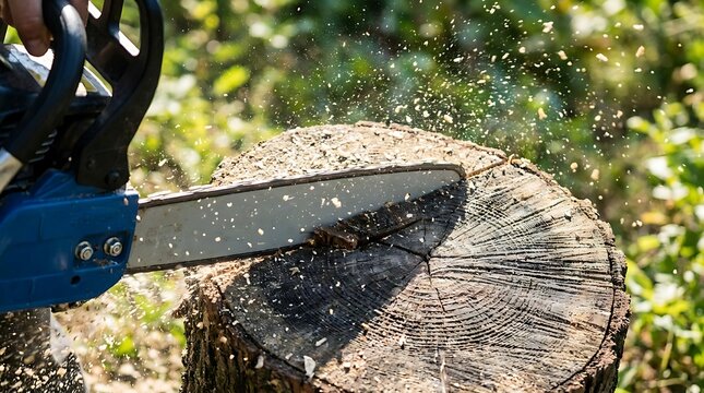 Chainsaw cutting through a tree stump wood sawdust